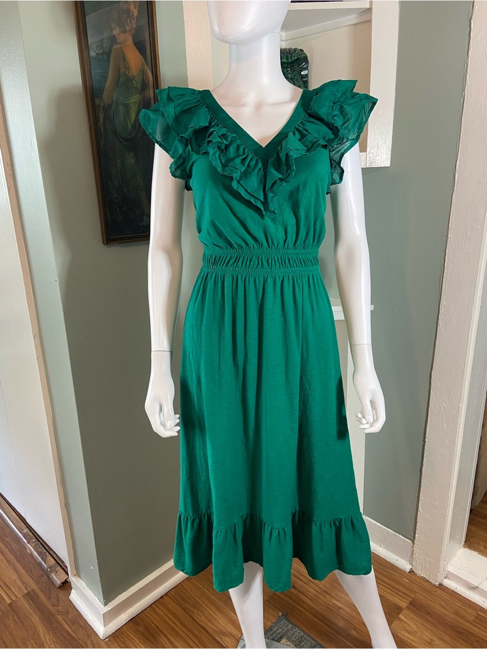 Nation LTD Aria Emerald Green Ruffle V-Neck Midi Dress XSmall XS - Picture 2 of 16